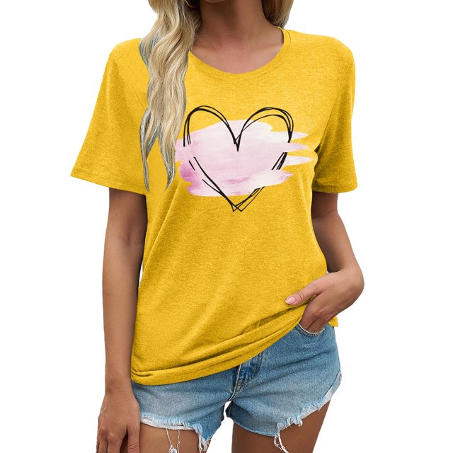LUOGENLI T-shirts pour Femme pour Femmes Mode Décontractée T-shirts Imprimés Col Rond Manches Courtes T-Shirt Hauts Tunique Blouse T-shirts pour Femmes T-shirts Graphiques T-shirts Pêche Saint-Valentin Jaune m