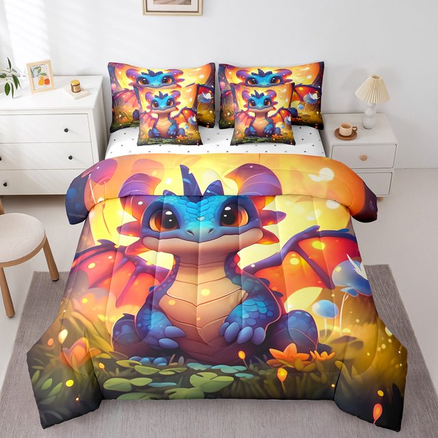 YST Kids Dragon 7-Piece Cartoon Animal Comforter Set, King, Red Flower Bedding