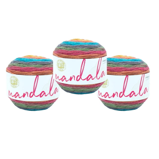 Lion Brand Yarn Mandala Multicolor Light DK Acrylic 3 Pack Yarn with three multicolored acrylic yarn balls in shades of blue, green, pink, orange, and purple, each wrapped in a white label with pink 'mandala' text, suitable for crocheting scarves, shawls, or hats.