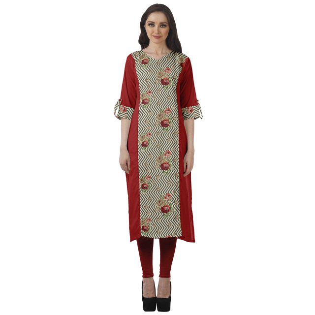 Moomaya Tunique Droite à Col en V pour Femmes, Manches Roulées, Kurta en Coton Imprimé