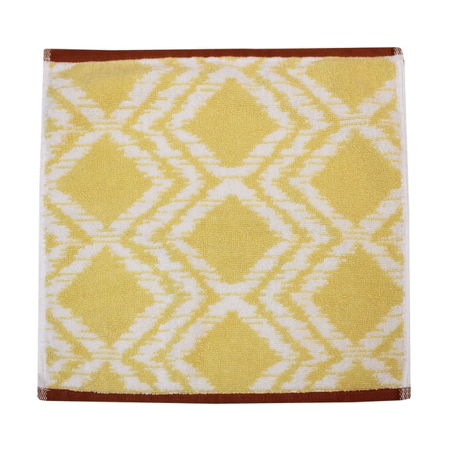 Hometrends Fashion yellow and white yarn dyed jacquard washcloth with geometric diamond pattern and brown trim, measuring 13 by 13 inches, made of absorbent cotton with a soft hand feel, machine washable and durable, ideal for bathroom or kitchen use and suitable for beach visits.