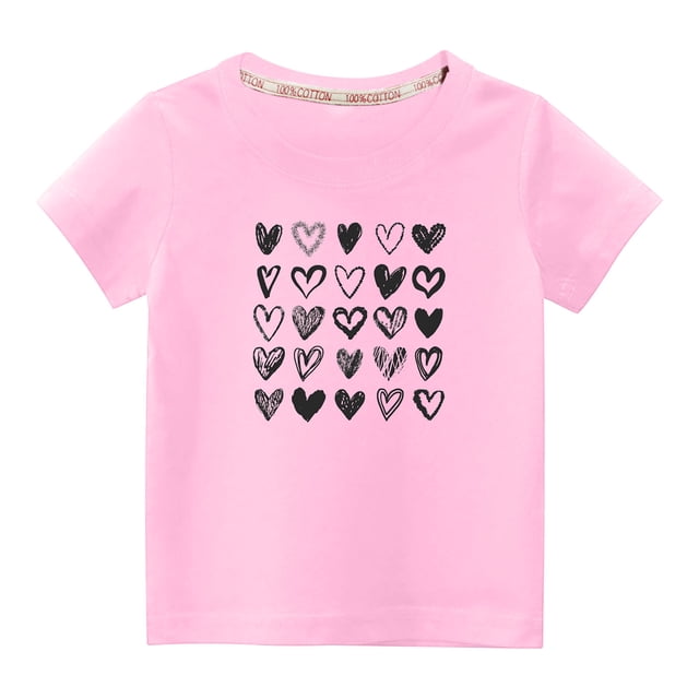 Penkiiy T-shirt en Coton pour Tout-Petits Garçons Filles Mode Mignon Col Rond Imprimé Saint-Valentin Manches Courtes 4-5 Ans Rose