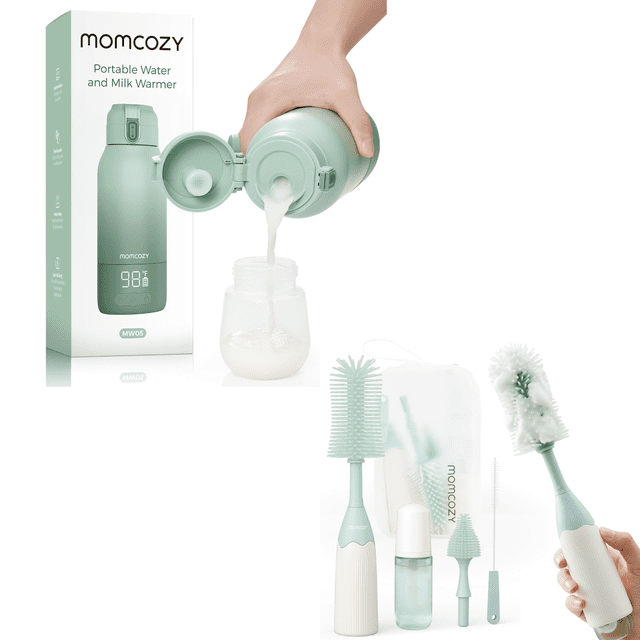 Momcozy Portable Milk Warmer for Travel with a 17-ounce capacity, shown pouring milk into a baby bottle. The warmer features dual heating modes for breast milk and water, fast heating, and a long-lasting battery. Included is the Momcozy Bottle Brush Kit with an innovative push-press design for effective cleaning, featuring multiple brush types and a storage case.