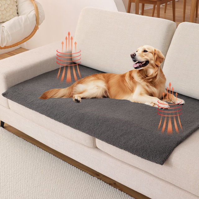 XYAIYT Self Warming Pet Mat for pets, shown in an X-Large size with a gray polyester surface, placed on a sofa with a golden retriever resting on it. The mat features self-warming technology that captures and radiates the pet's body heat, providing extra warmth without requiring electricity. The non-slip bottom ensures stability, and the mat is machine washable for easy maintenance. Suitable for indoor and outdoor use, ideal for keeping pets cozy during winter.