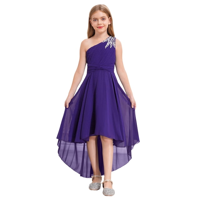 Oyolan Robe de Demoiselle d'Honneur Junior pour Fille, Perles, une Épaule, Ligne A, Mariage, Concours, Fête, Robe de Bal, Violet, 8