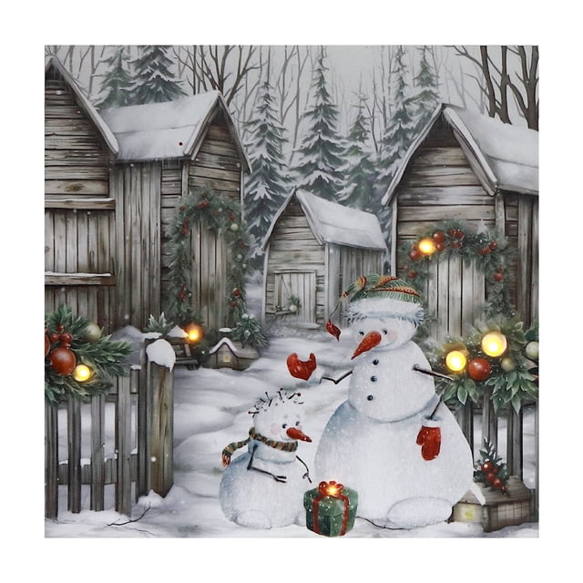 Led Canvas Wall Art With Timer (Snowman With Houses) depicting two snowmen wearing scarves and mittens in front of rustic wooden houses decorated with wreaths and greenery, illuminated by flickering LED lights on a 16 x 16 inch canvas, ideal for adding seasonal charm to home décor.