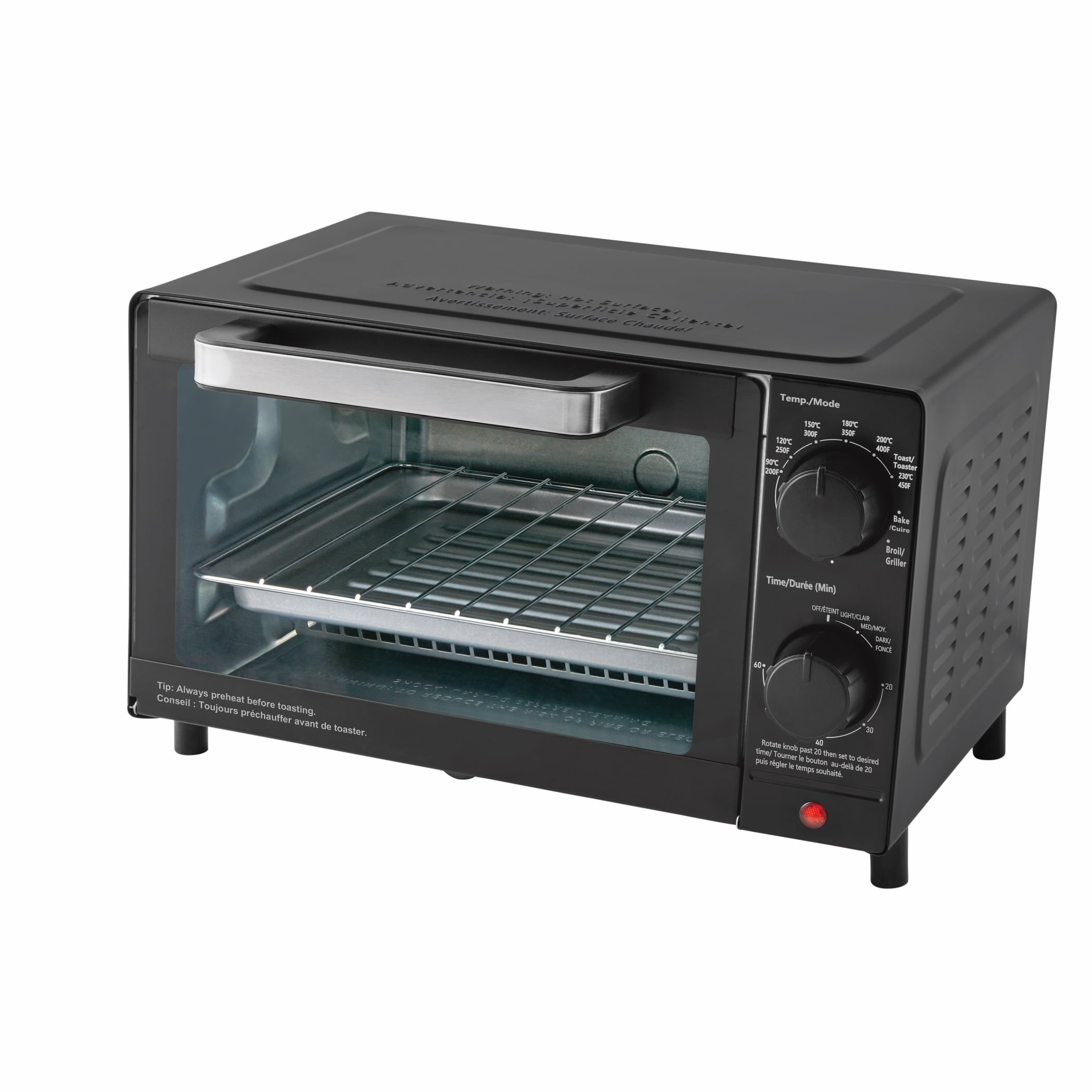Mainstays 4 Slice Countertop Toaster Oven with 3 Settings, includes Baking Rack and Pan, Black, New