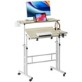 thumbnail image 3 of Soges Bureau Debout Mobile avec Porte-Gobelet et Crochets, Bureau Debout Portable, Petit Bureau Debout à Hauteur Réglable, Bureau Roulant avec Roulettes, Chariot pour Ordinateur Portable de Bureau à Domicile, Érable, 3 of 7