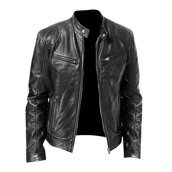 WRKEKC Men's Faux Leather Jacket Solid Color Long Sleeve, Stand Collar Casual Coat for Urban Stylish Outerwear Black XL