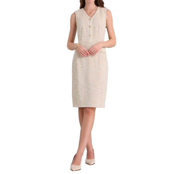 INSPIRE CHIC Women's Sleeveless Tweed Dress 2025 Summer Office Work V Neck Bodycon Pencil Dresses M Beige