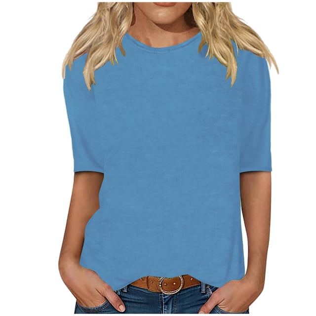 Erwazi T-Shirts à Manches Mi-Longues pour Femmes, Décontractés, Coupe Ample, Col Ras du Cou, Mignons, Unis, Tuniques Basiques