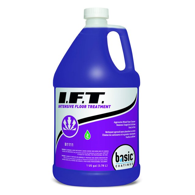 Revêtements de Base IFT CONC GAL IFT Traitement de Plancher Intensif dans un Contenant de 1 Gallon. Ce Nettoyant pour Plancher de Bois Agressif Élimine Efficacement les Cires, Huiles et Polissages Ménagers, Ainsi Que la Saleté et la Crasse dans les Environnements de restaurant. le Produit Est Emballé dans une Pichet en Plastique Violette avec une Étiquette Blanche Présentant le logo des Revêtements de Base et les Détails du Produit.