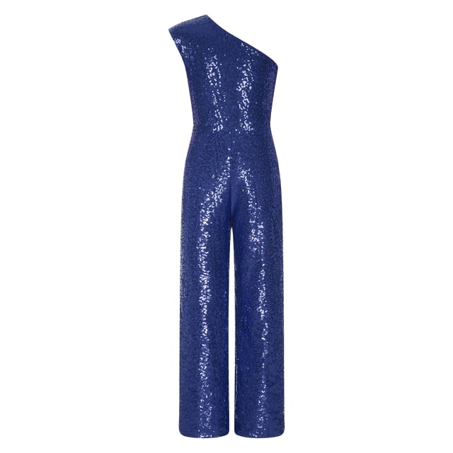 RUNQHUI Combinaison de Fête Sans Manches à une Épaule Pailletée pour Filles, Bleu Marine 12