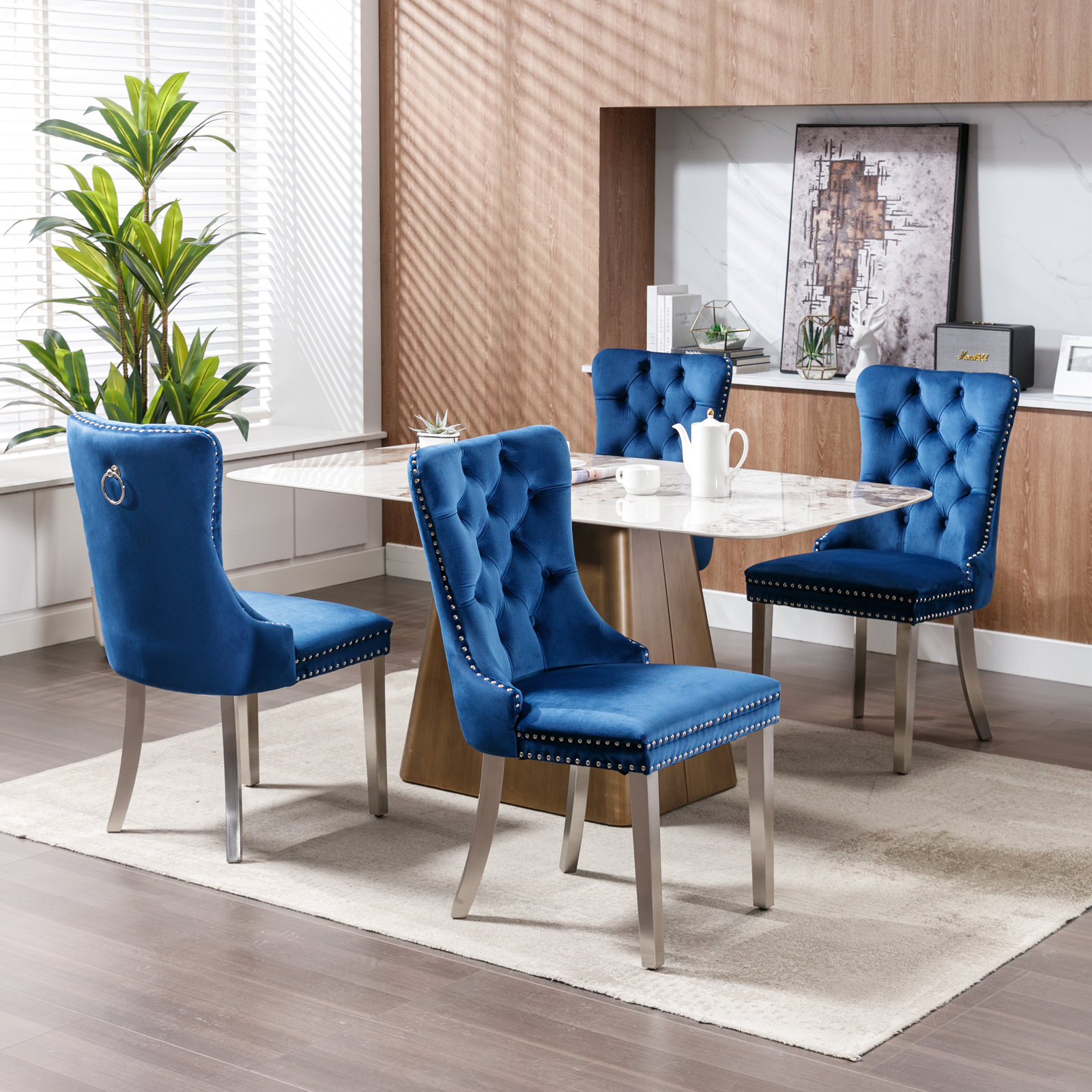 Noble House Velvet Upholstered Dining Chair Set of 2,Tufted with Siller Plated Legs & Nailhead Trim,Blue + Chrome