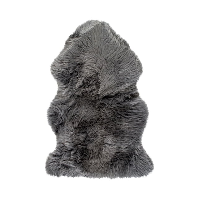 NEW ZEALAND SHEEPSKIN SINGLE RUG/THROW 2' X 3' in grey with natural sheepskin shape, dense 2.5-inch pile, soft texture, and anti-skid micro suede backing, designed for indoor use to add warmth and comfort, suitable as a plush seat cover or draped over furniture.