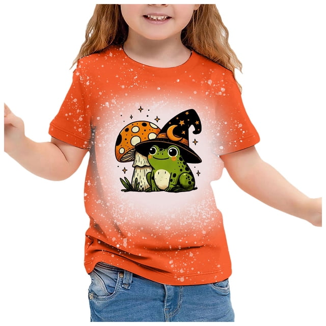 GDREDA Mignon Halloween T-Shirt à Manches Courtes Imprimé pour Filles Haut Décontracté à Col Rond pour les Festivités d'Automne Vert, 6-7 Ans