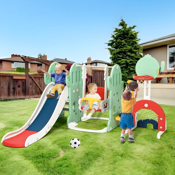 QinaQin 7-In-1 Toddler Slide Set with Swings and Basketball Hoop, Indoor and Outdoor Children's Play Equipment, Playground Set Includes Climbing Frame, Soccer Field and Golf Course