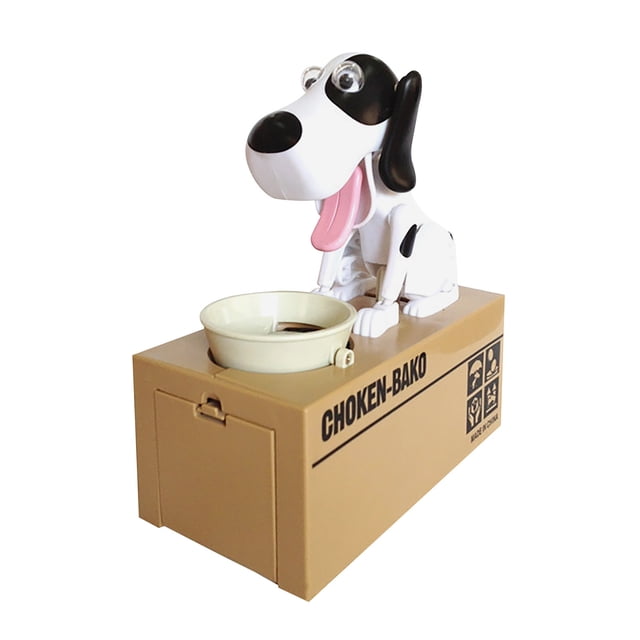 Agiferg Cute Dogs Steals Coins Like Magic Coin Munching Toy Money Box featuring a black and white dog figurine on a tan rectangular box labeled 'Choken-Bako.' The dog is positioned next to a small cream-colored bowl where coins are placed. Designed as a novelty piggy bank, it is made of plastic and can hold 20 to 40 coins. Suitable as a fun and creative gift for kids and adults, encouraging saving habits.