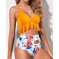 thumbnail image 3 of Women Two Piece Swimsuits High Waisted Ruffle Flounce Bikini V Neck Tummy Control Bathing Suit Yellow Floral (M, 3 of 5