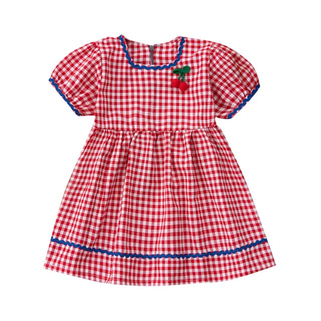 Tranfacy Robes Décontractées pour Filles, Robe à Manches Courtes pour Filles, Robe d'Été Fine à Manches Courtes pour Filles à Col Rond Imprimée à Carreaux, Mignonne Robe Décontractée Mi-Longue avec Fermeture Éclair au Dos