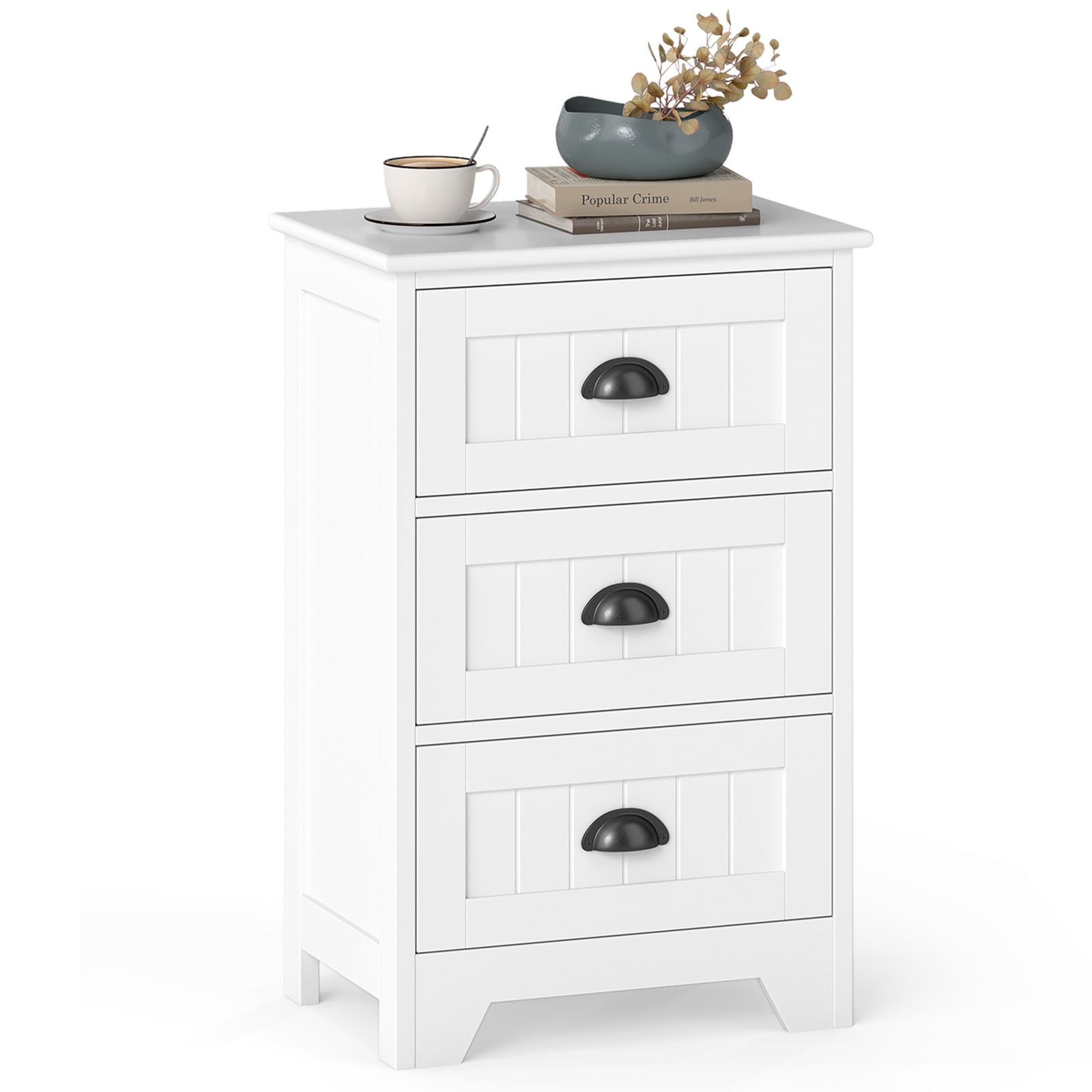 Gymax End Table Nightstand Bedroom Storage w/ 3 Drawers & Wood Slide White
