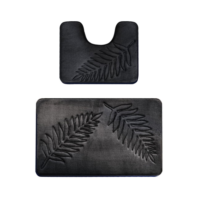 yulier Leaf Bathroom Rug Set 2 Piece, Soft Absorbent Bath Rug and U-Shaped Contour Toilet Rug, Non-Slip Bath Carpet, Washable Toilet Bath Mat, Dark Gray