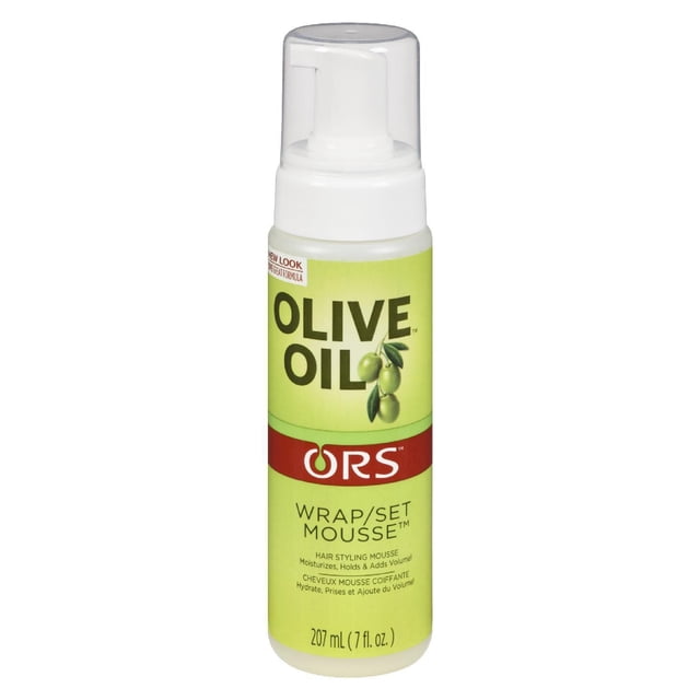ORS Olive Oil Wrap/Set Mousse in a 207 ml white bottle with clear pump dispenser and green label featuring olives, designed to moisturize, hold, and add volume to hair styling, also suitable for enhancing natural curls.