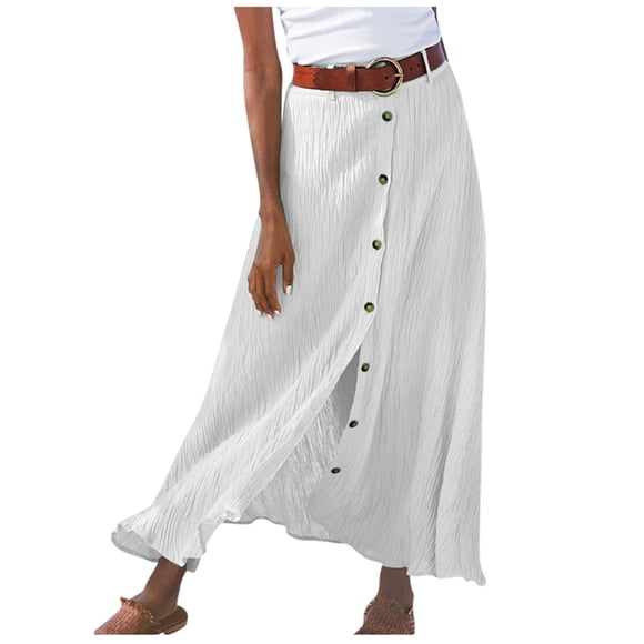 Daiosportswear Womens Button Front Flowy Maxi Skirt A Line Cotton Linen Skirts Pleated Long Skirt,maxi skirt White 4(S)