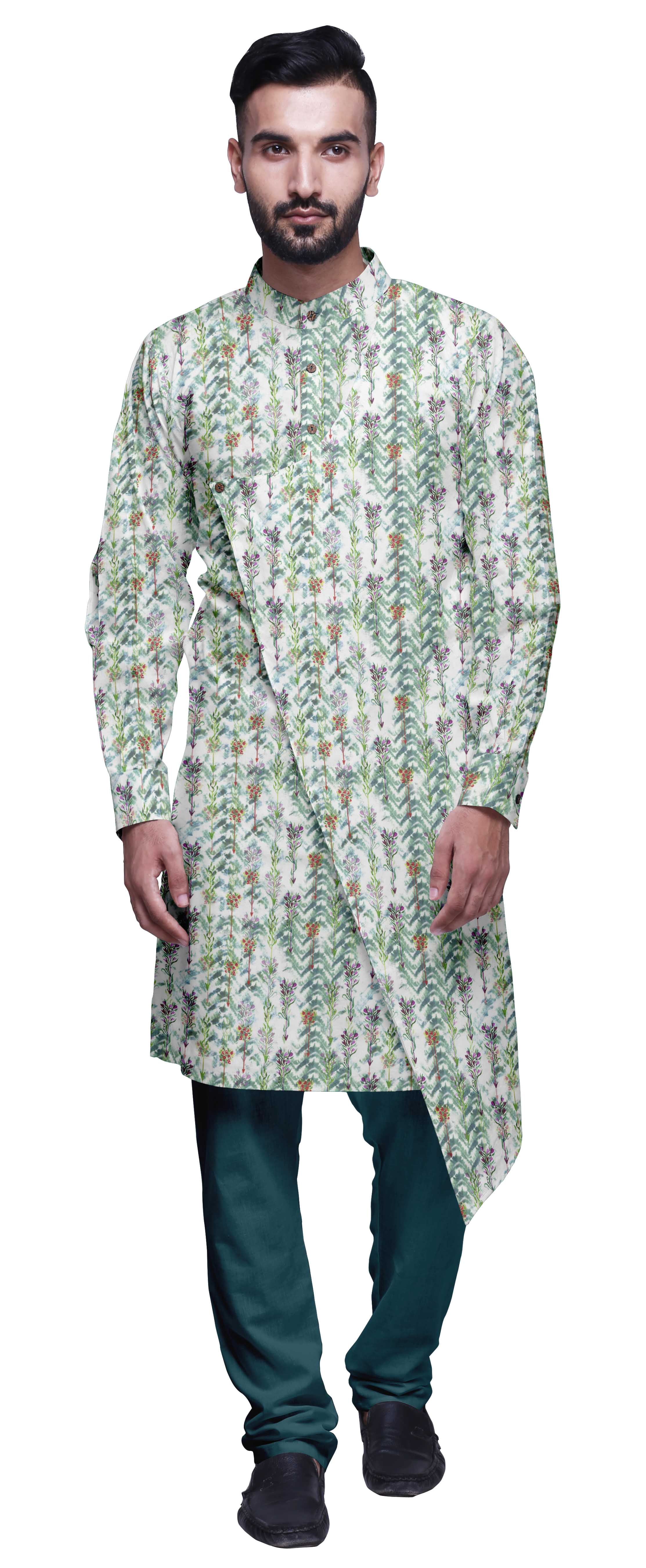 Atasi Kurta Pyjama de Designer pour Hommes Ensemble Kurta Angrakha Imprimé Vêtements d'Été