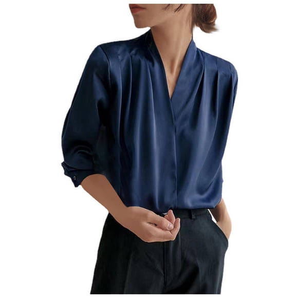 Timegard Womens Tops Dress Top Satin V-Neck Long Sleeve Pleated Office Business Casual Loose Shirts Tops