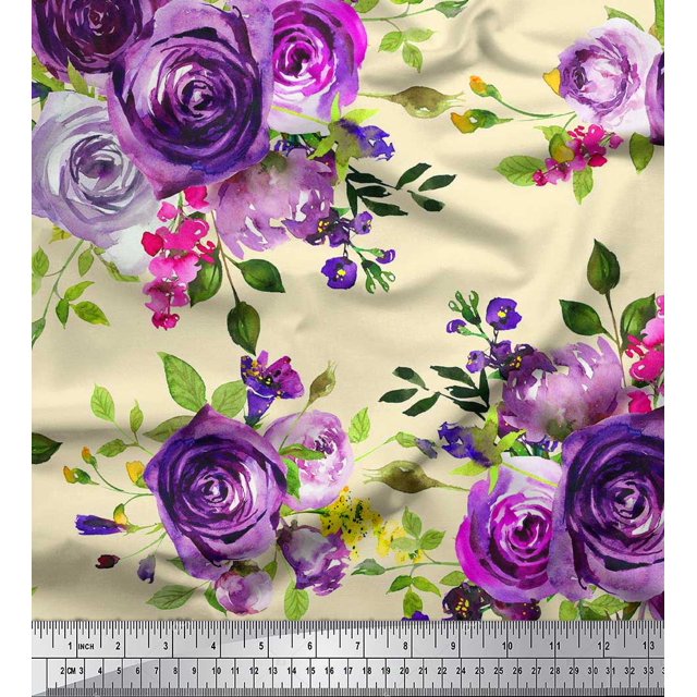 Soimoi Moss Tissu Georgette Feuilles et Imprimé de Fleurs de Roses, Tissu au Mètre, 42 Pouces de Large