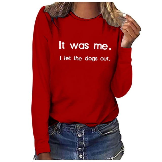 Penkiiy Chemises pour Femmes Manches Longues, T-Shirt Imprimé Lettre pour Femmes Col Rond Grande Taille Blouses d'Été Décontractées Basiques TG Rouge