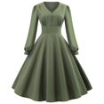thumbnail image 1 of Robe à Manches Longues pour Femmes Robe Unie à Manches Longues à Col en V Rétro à Taille Haute avec Empiècements, 1 of 8