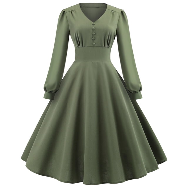 Robe à Manches Longues pour Femmes Robe Unie à Manches Longues à Col en V Rétro à Taille Haute avec Empiècements
