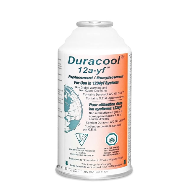 Duracool® 12a-yf 6 oz. can mobile A/C refrigerant for R1234yf systems with white and orange label featuring bilingual usage instructions, safety warnings, and a globe graphic, designed as a replacement refrigerant for automotive air conditioning systems compatible with R-1234yf.