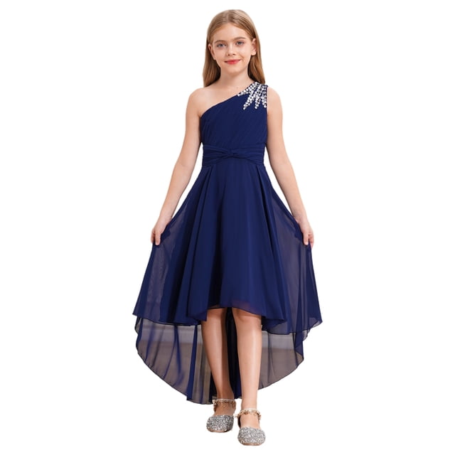 Manyakai Robe à une Épaule pour Filles, Ourlet Haut-Bas, Robe de Princesse à Volants, Taille Haute, Robe de Danse de Soirée Bleu Marine 8