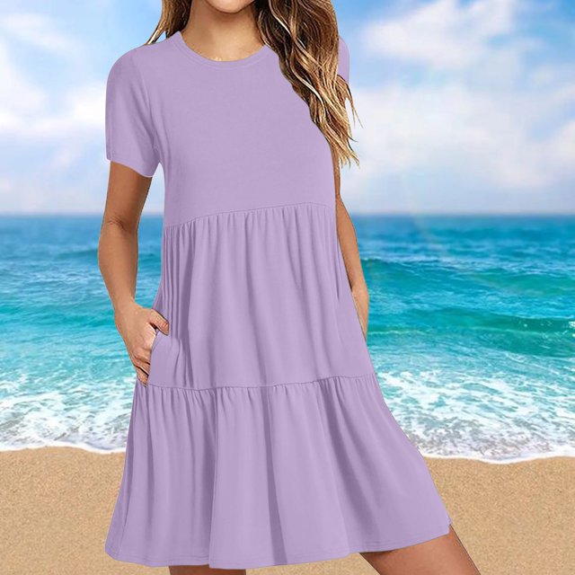Jusqu'à 65 % de Rabais! Robes d'Été Mode pour Femmes 2024 Grande Taille Décontractées à Manches Courtes Robe T-Shirt Robes Mini à Étages avec Poches