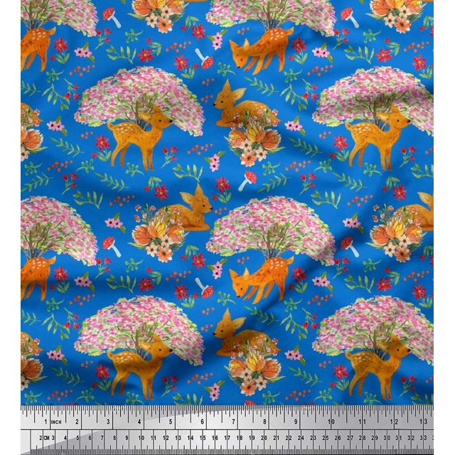 Soimoi Polyester Crepe Fabric Tree,Floral & Deer Animal Print Fabric by Yard 52 Inch Wide