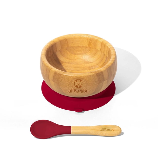 allBambu Bamboo Baby Bowl with Suction & Spoon - Cherry