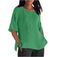 thumbnail image 1 of Olyvenn Chemises en Lin pour Femmes 2025 Basiques Grande Taille Manches 3/4 Hauts Été Décontractés Col Rond Chandail Blouse Tunique T-Shirt Vert G, 1 of 4