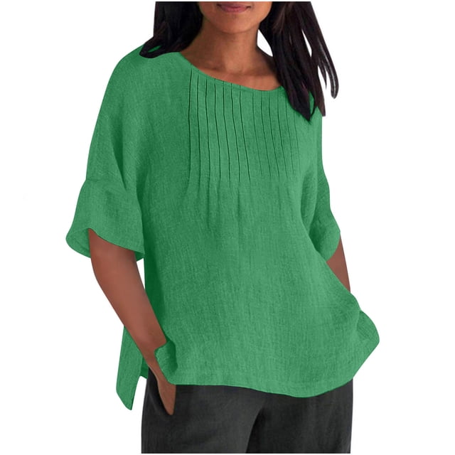 Olyvenn Chemises en Lin pour Femmes 2025 Basiques Grande Taille Manches 3/4 Hauts Été Décontractés Col Rond Chandail Blouse Tunique T-Shirt Vert G