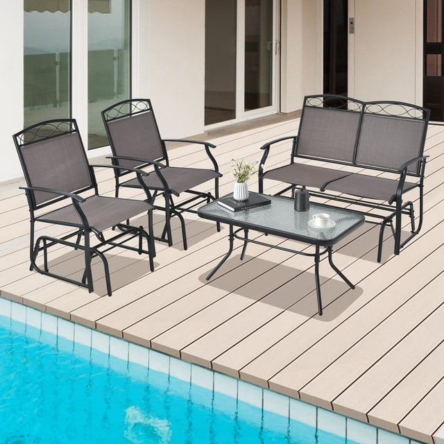 Costway Ensemble de Conversation pour Terrasse 4 Pcs avec Balancelle, Chaise Berçante et Table, Robuste, Extérieur