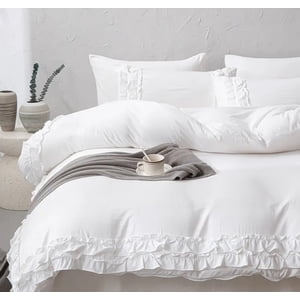 Boho Chic Luxury KING SIZE 3pcs White Duvet Cover Set with Ruffle Trim - Soft, Washed Microfiber Bedding for All Seasons, Includes Zippered Duvet Cover & Pillowcases (No Insert)