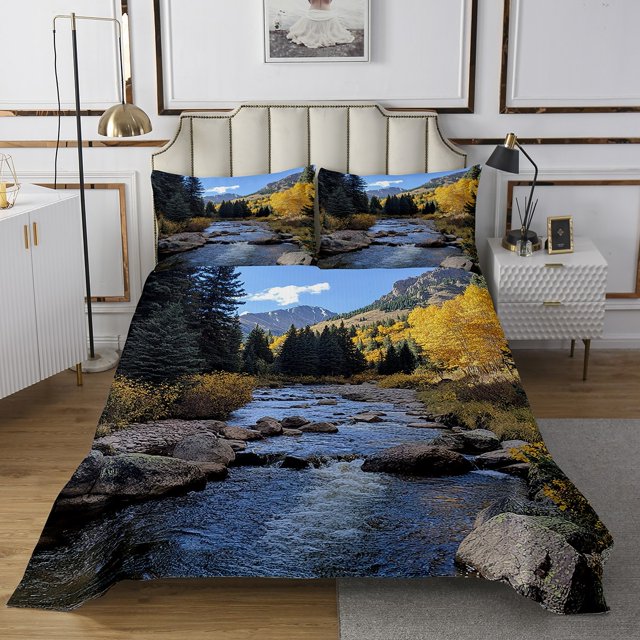 Erosebridal Nature Scenery Coverlet Set King, Stone Lake Bedding Set, Rustic Farmhouse Decor 3pcs