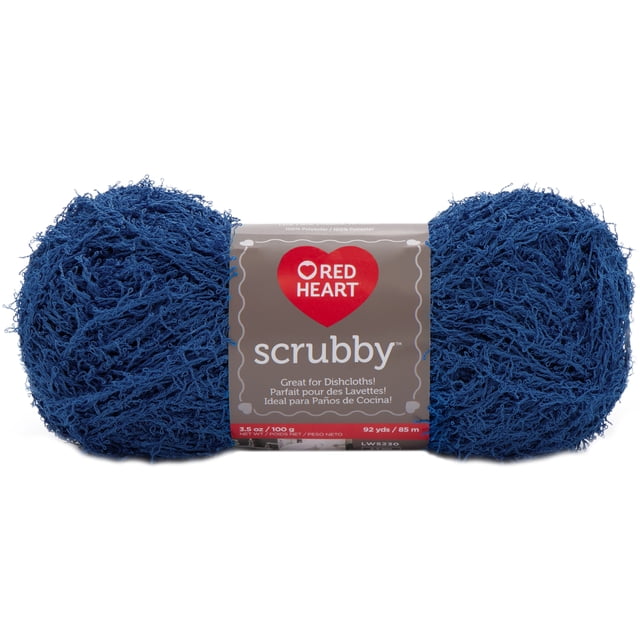 Red Heart® Scrubby™ Yarn, medium #4 polyester yarn in a 3.5oz/100g ball with 92 yards, shown in deep blue with textured loops ideal for knit or crochet dishcloths and washcloths that dry quickly and exfoliate skin.
