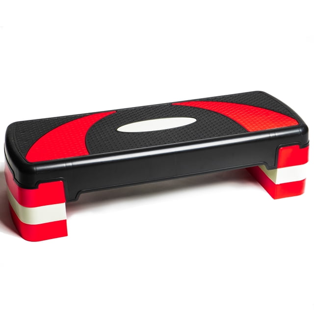 PRISP Adjustable Aerobic Stepper 78cm with 3 height levels (4''/6''/8'') shown in a front-facing view. The step platform features a black non-slip surface with red and white accents, supported by durable risers. Ideal for home gym, cardio training, and plyometric exercises.