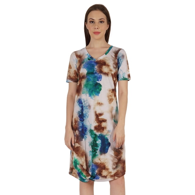 Moomaya Robe Midi en Jersey de Coton Imprimé pour Femmes, Col en V, Été, Manches Courtes, Longueur Genou