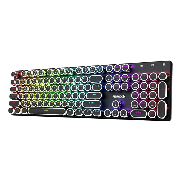 Redragon Clavier de Machine à Écrire Sans Fil, Clavier de Jeu Mécanique, Bluetooth/2,4 GHz/fil, Rétroéclairage DEL RVB, Rechargeable, Commutateur Bleu - Clic, Panneau en Métal Solide, Touches Rondes, Noir