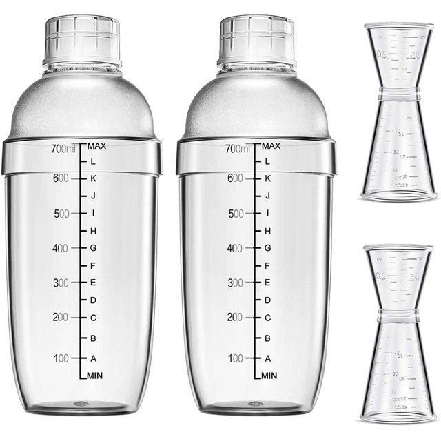 4 pcs Clear Cocktail Shaker Set 2 pcs Plastic bar Shaker with 2 pcs Plastic Cocktail Double Measuring Jigger