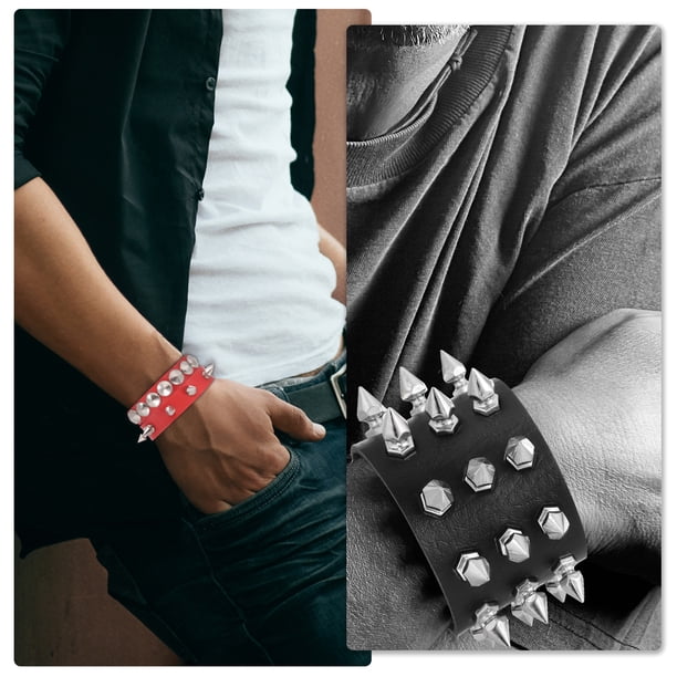 Uxcell 3Pcs Rock Punk Spiked Leather Bracelet Set, 8.7